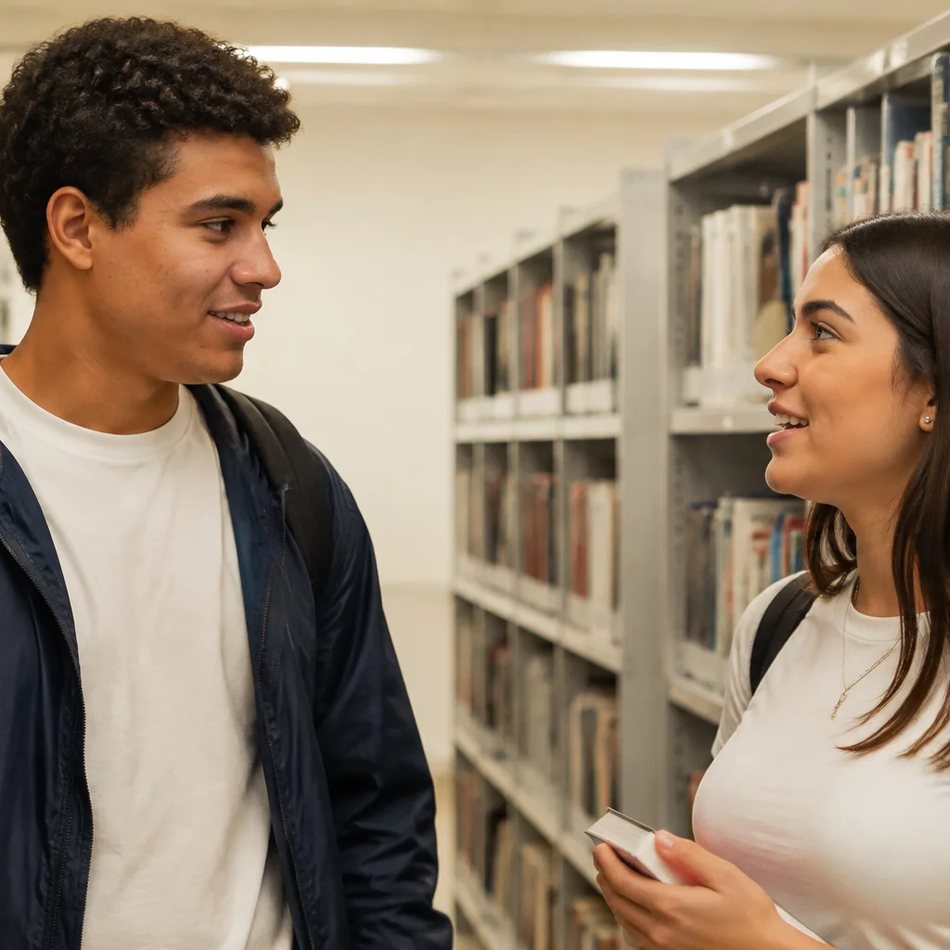 Dois participantes sentados frente a frente durante uma rodada de resposta, na sala da escola em Barueri